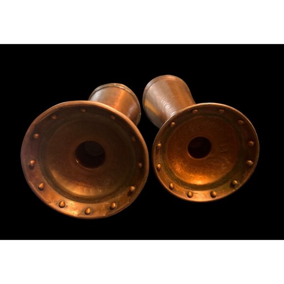 2 Vtg Hammered Copper & Brass Studded Candle Holders Made In India 9.5" & 12" - Picture 3 of 4
